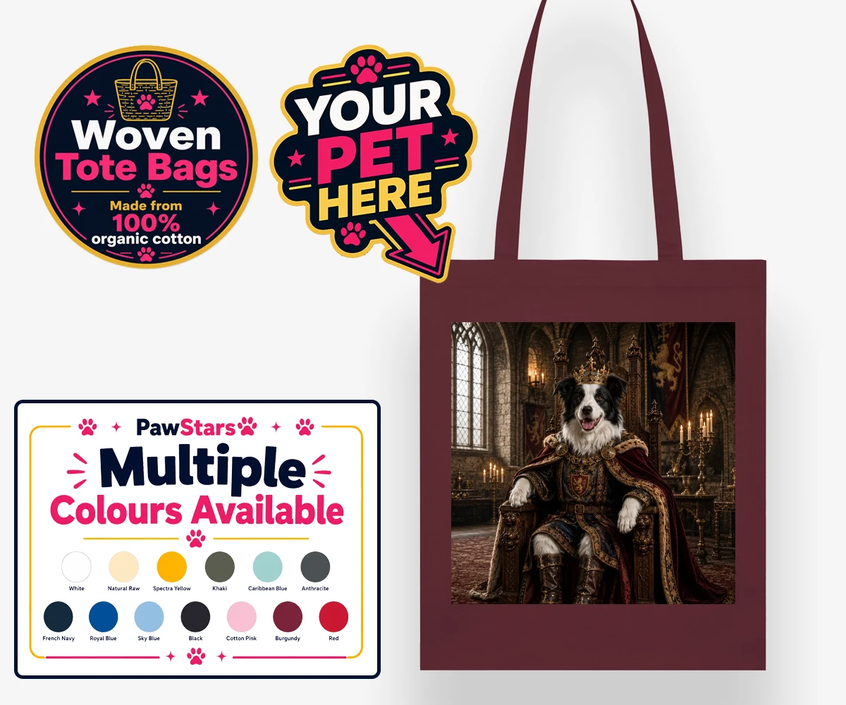 Personalised The Medieval Paw King dog woven tote bags featuring step into a realm of timeless grandeur with our delightful Medieval Pa