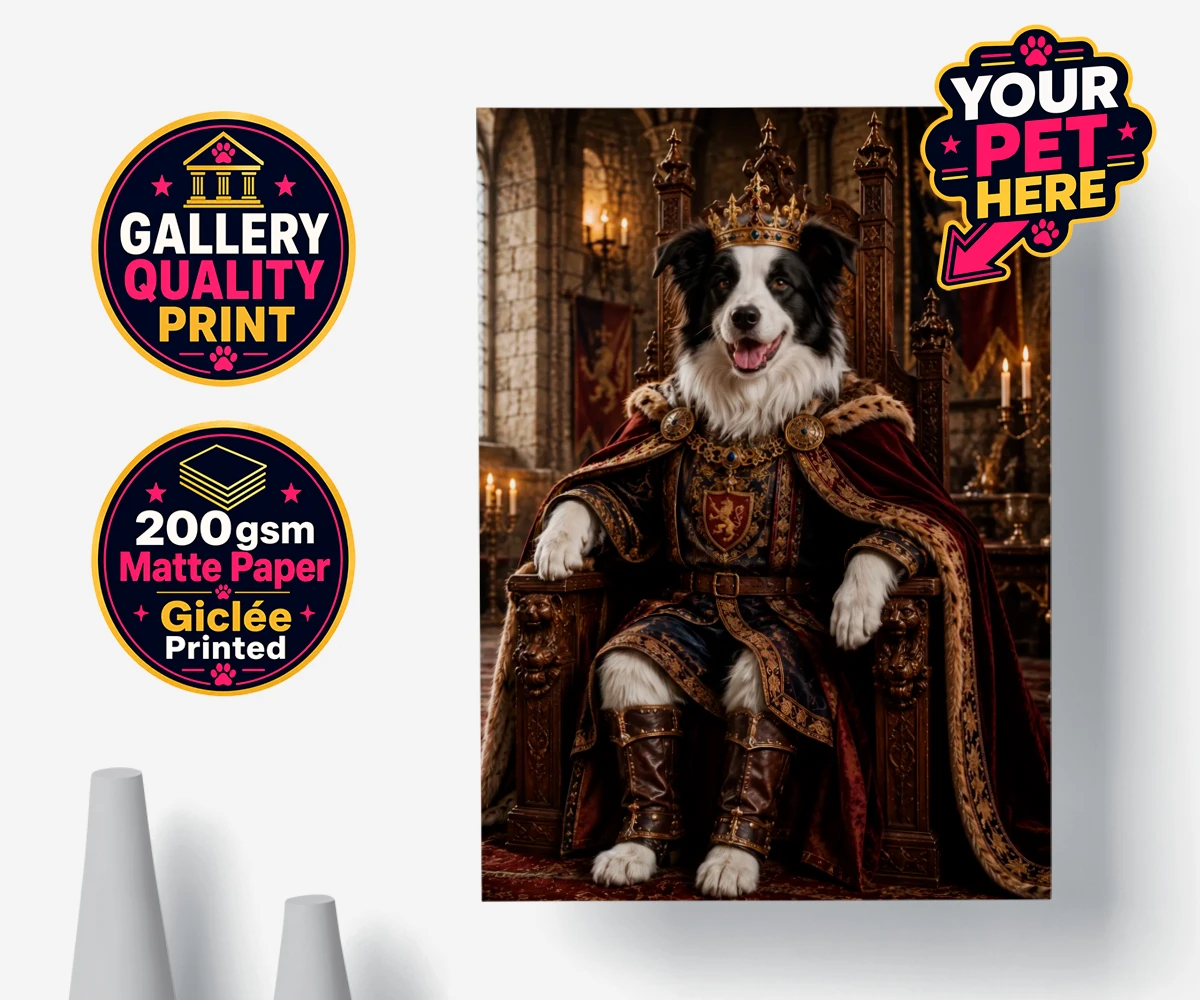 Personalised poster print of the Medieval Paw King dog character in regal outfit and cape