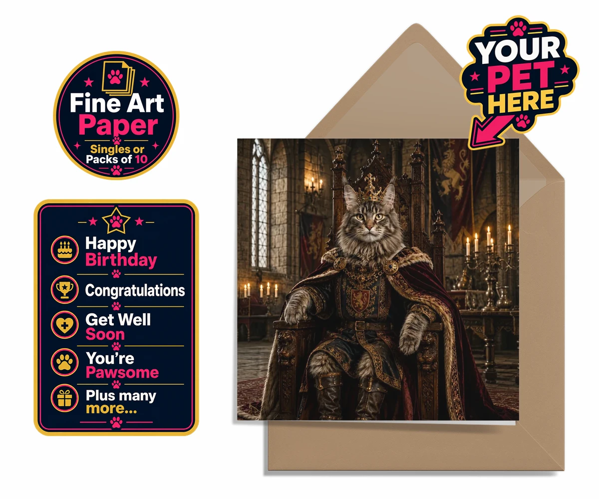 Personalised The Medieval Paw King cat premium greetings cards featuring a regal feline with a flair for the dramatic!