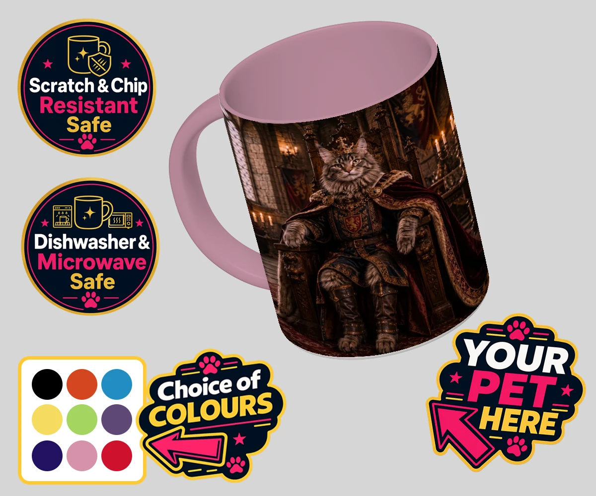 Personalised The Medieval Paw King cat coloured photo mugs featuring a regal feline with a flair for the dramatic!