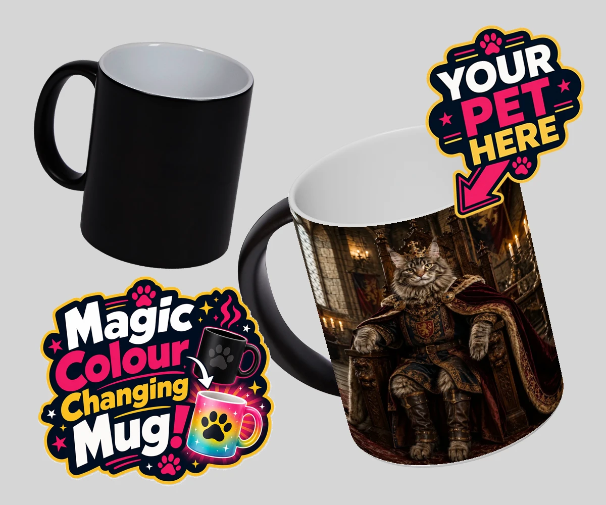 Personalised The Medieval Paw King cat magic photo mugs featuring a regal feline with a flair for the dramatic!