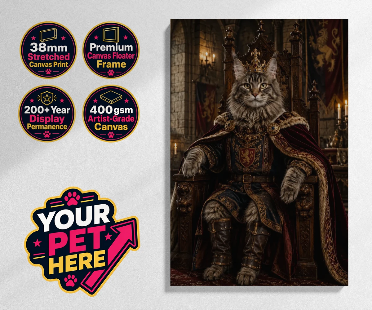 Personalised The Medieval Paw King cat stretched canvas print featuring a regal feline with a flair for the dramatic!
