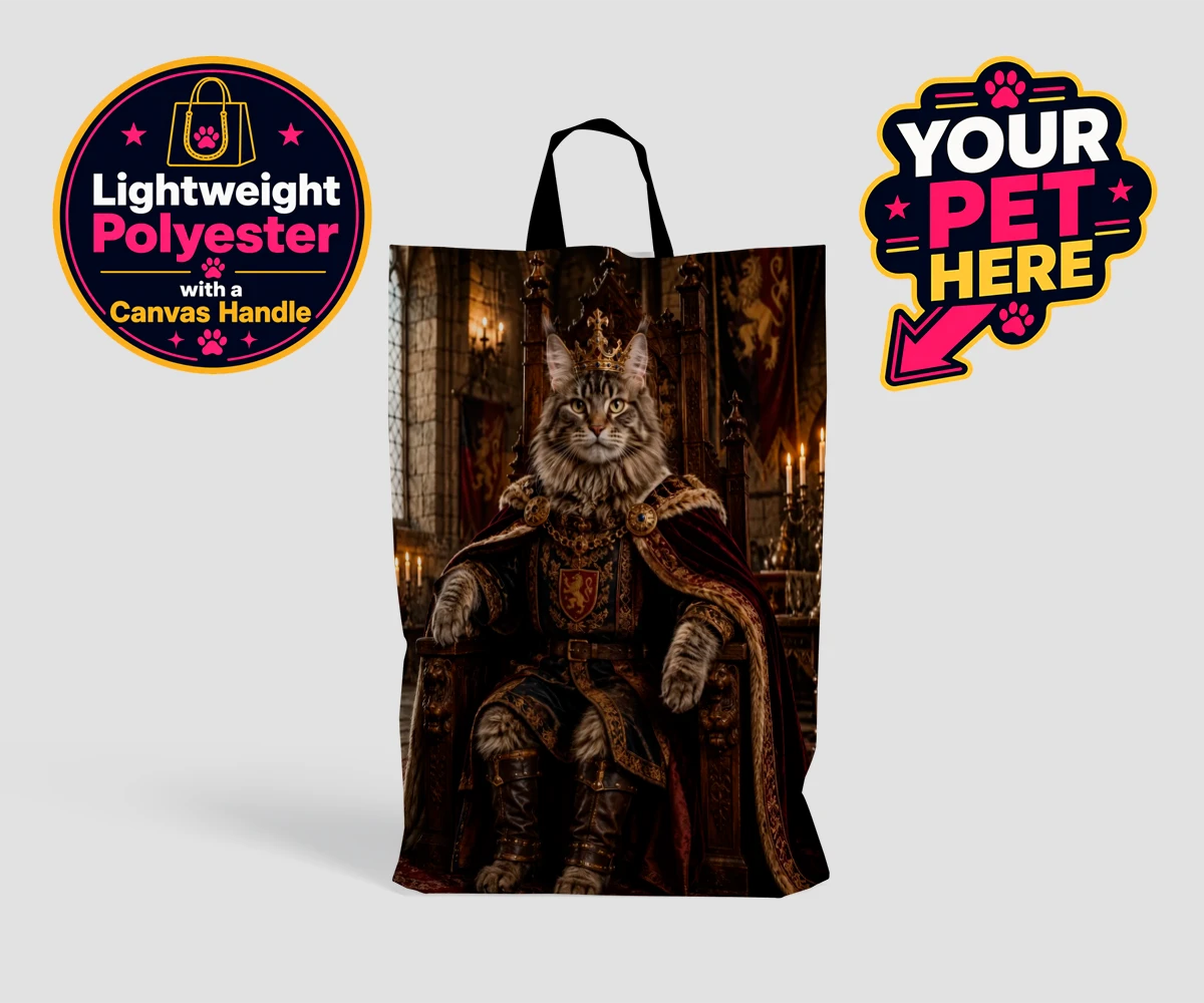 Personalised The Medieval Paw King cat shopping bags featuring a regal feline with a flair for the dramatic!