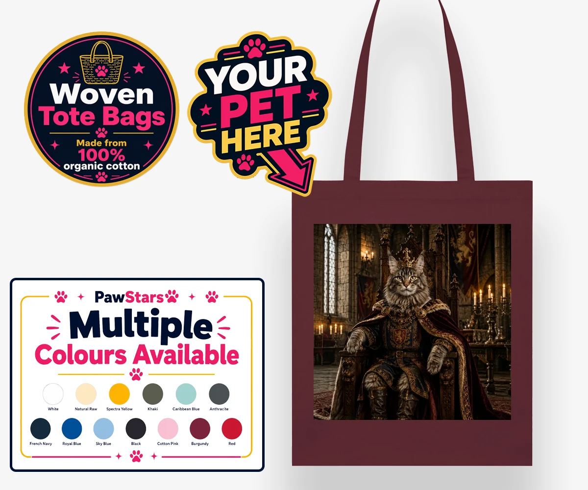 Personalised The Medieval Paw King cat woven tote bags featuring a regal feline with a flair for the dramatic!