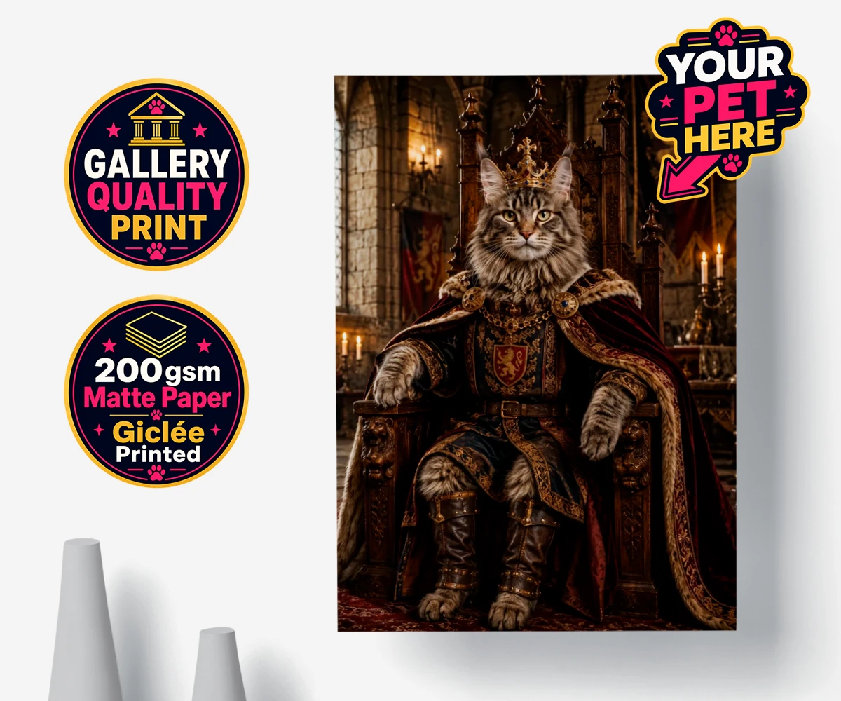 Personalised poster print of The Medieval Paw King cat in regal robes and a golden crown, set against a castle interior.