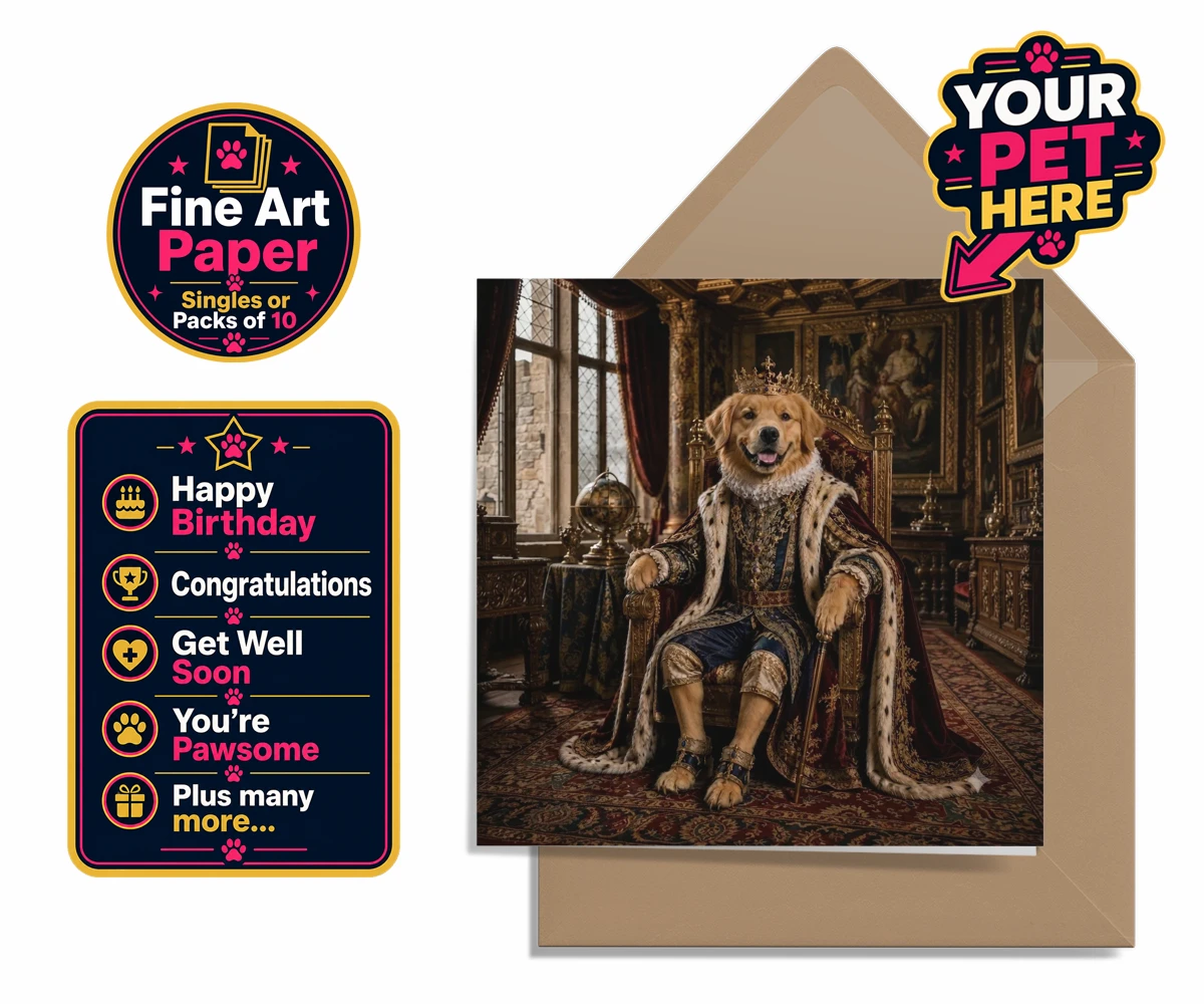 Personalised The Renaissance Paw King dog premium greetings cards featuring where your beloved canine takes centre stage in a splendid portrait th