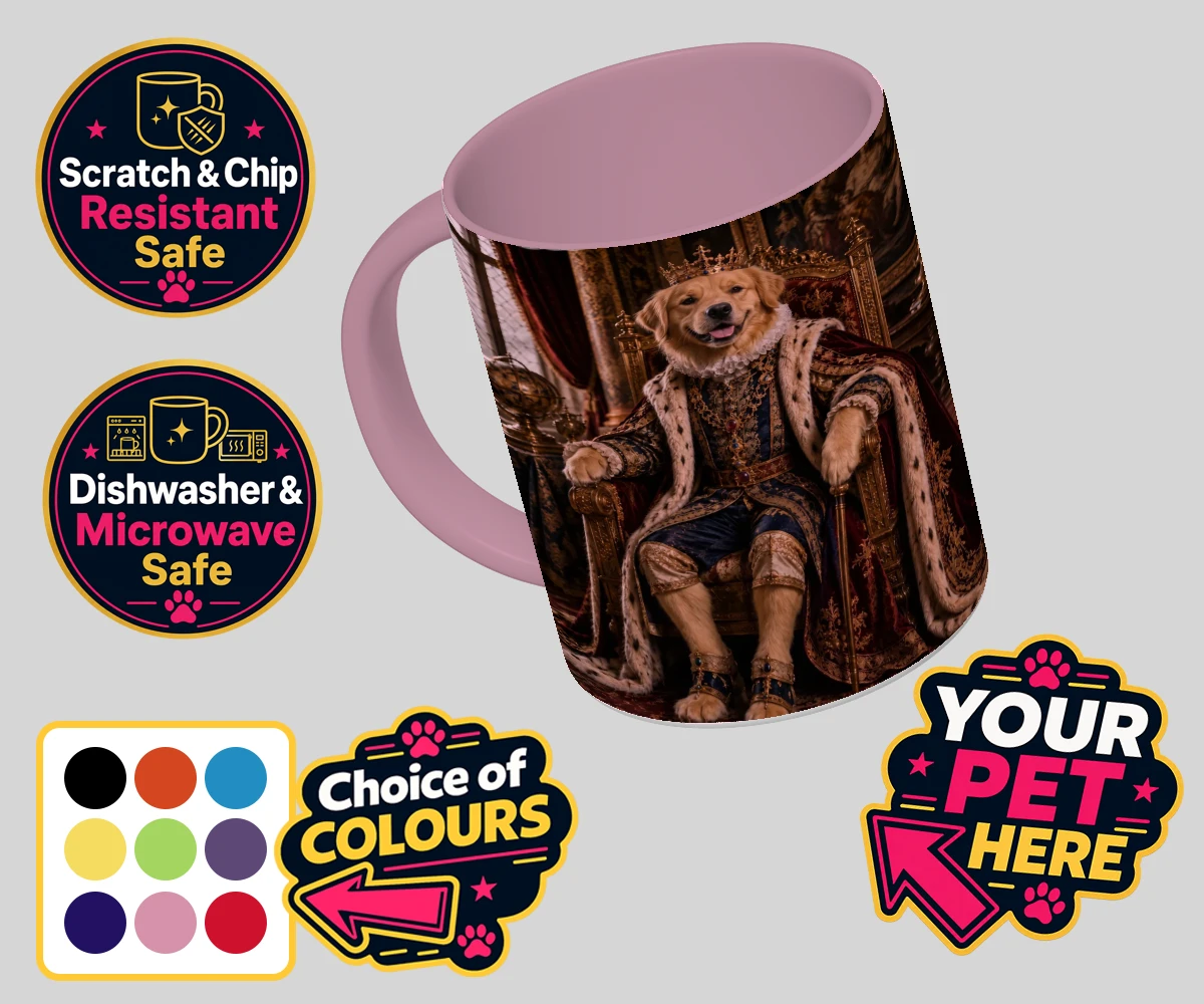 Personalised The Renaissance Paw King dog coloured photo mugs featuring where your beloved canine takes centre stage in a splendid portrait th