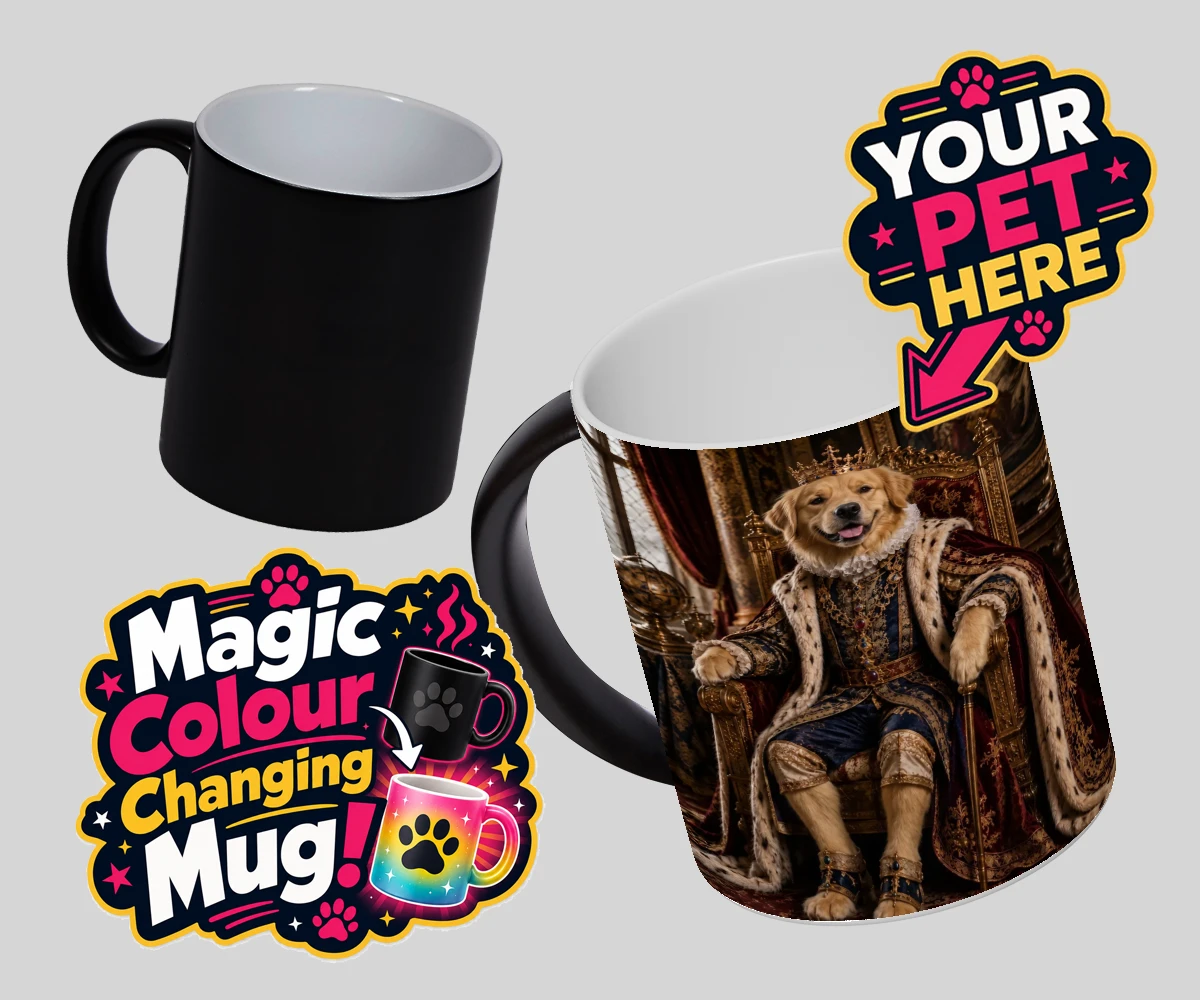 Personalised The Renaissance Paw King dog magic photo mugs featuring where your beloved canine takes centre stage in a splendid portrait th