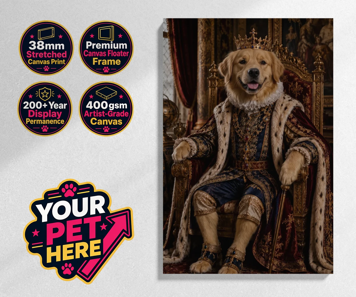 Personalised The Renaissance Paw King dog stretched canvas print featuring where your beloved canine takes centre stage in a splendid portrait th