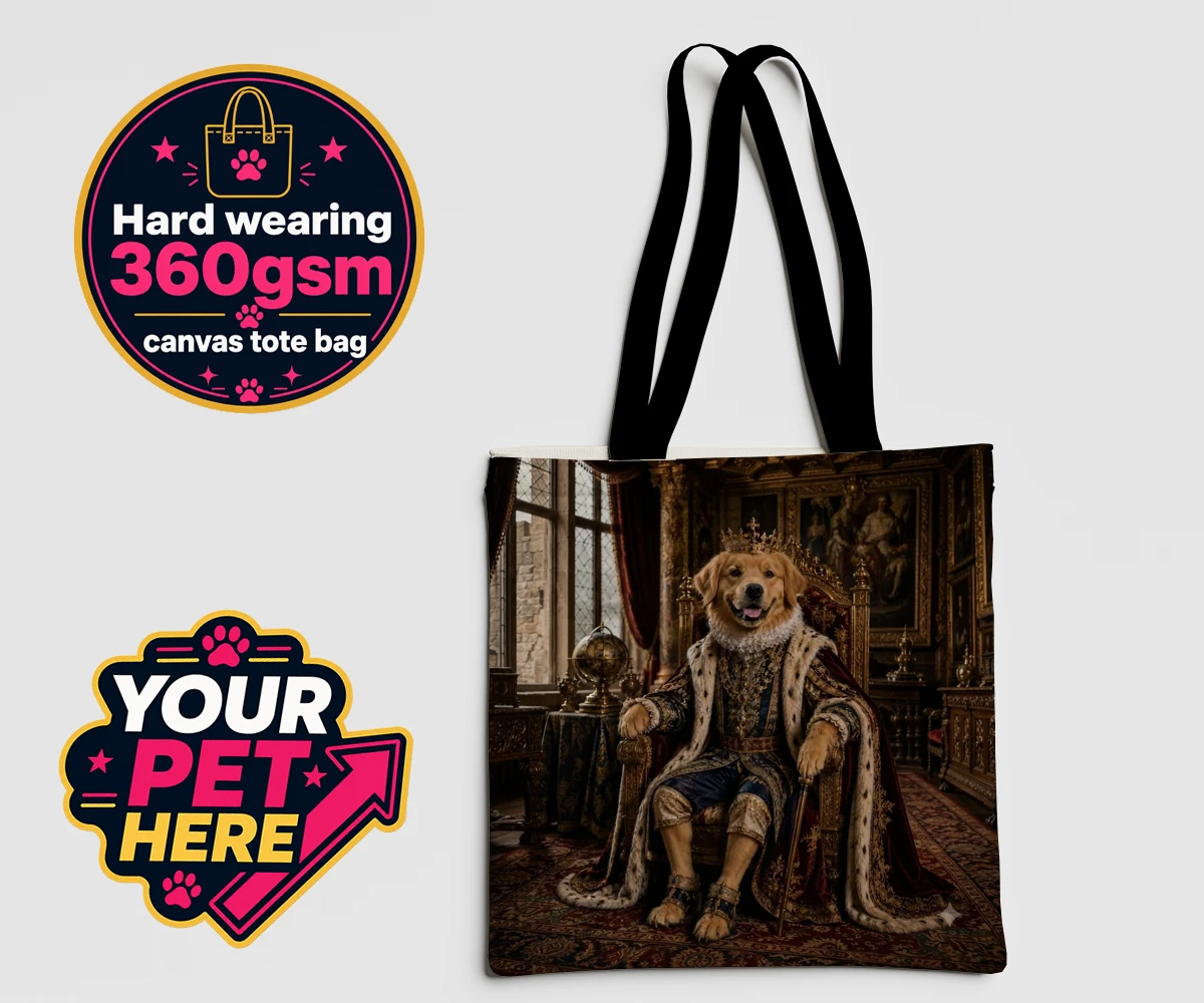Personalised The Renaissance Paw King dog canvas tote bags featuring where your beloved canine takes centre stage in a splendid portrait th