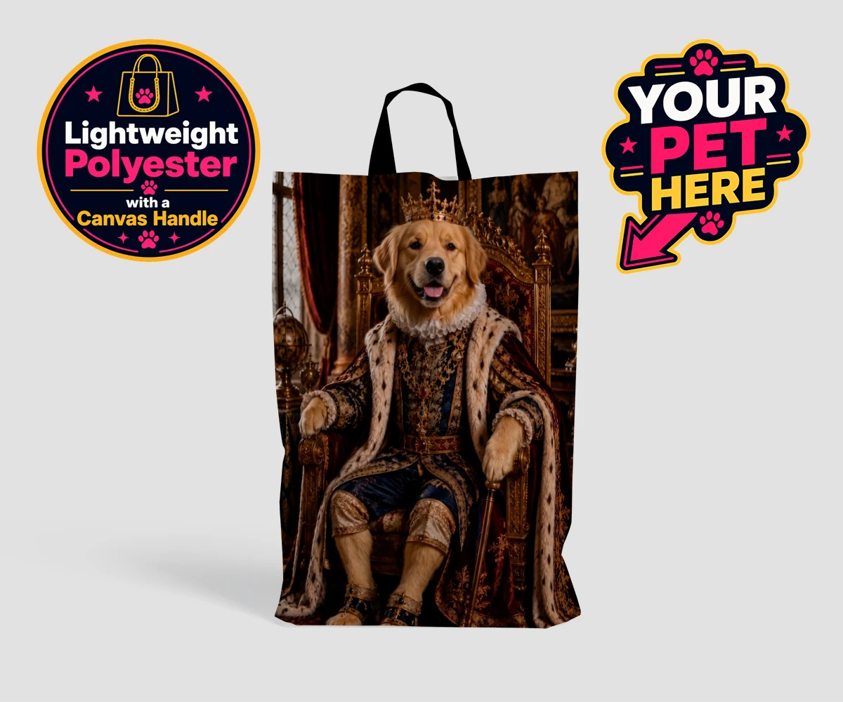 Personalised The Renaissance Paw King dog shopping bags featuring where your beloved canine takes centre stage in a splendid portrait th