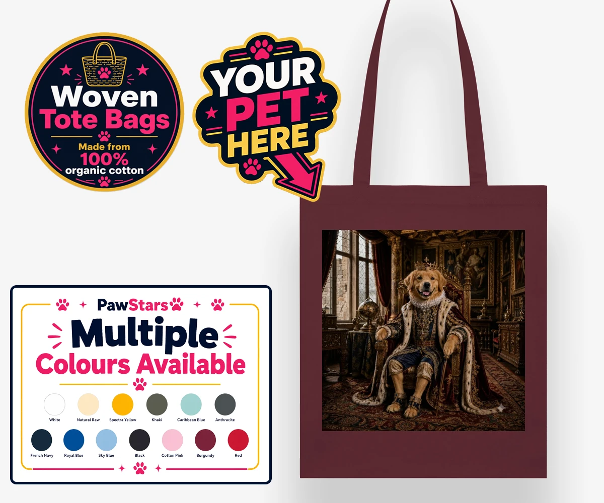 Personalised The Renaissance Paw King dog woven tote bags featuring where your beloved canine takes centre stage in a splendid portrait th