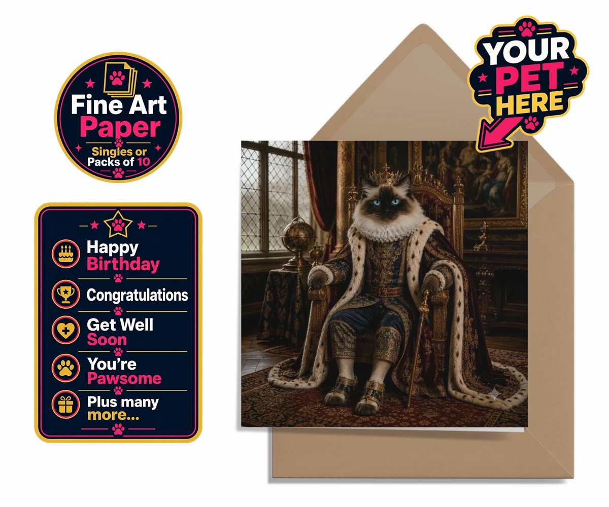 Personalised The Renaissance Paw King cat premium greetings cards featuring a whimsically regal depiction of your feline friend as a majestic mona