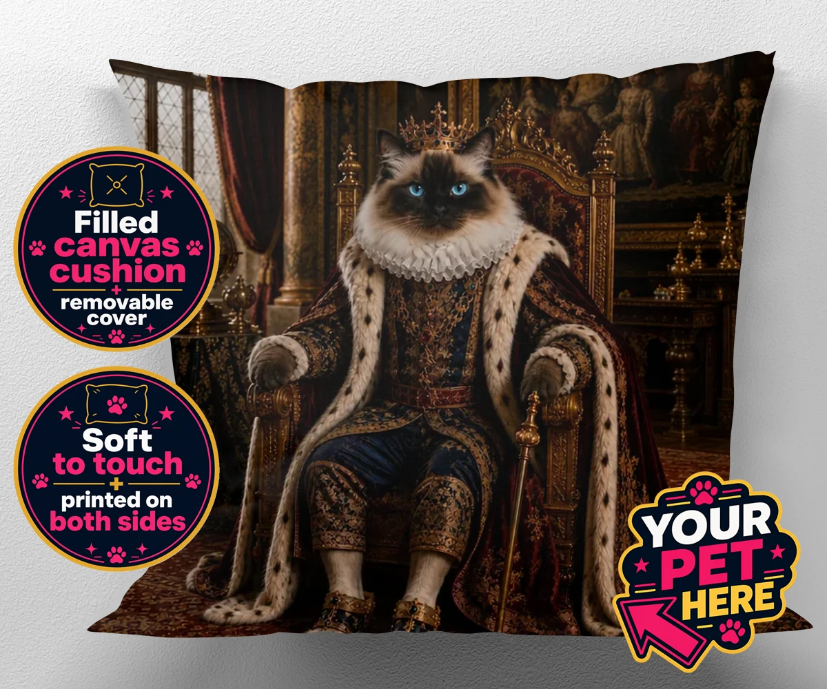 Personalised The Renaissance Paw King cat canvas cushions featuring a whimsically regal depiction of your feline friend as a majestic mona