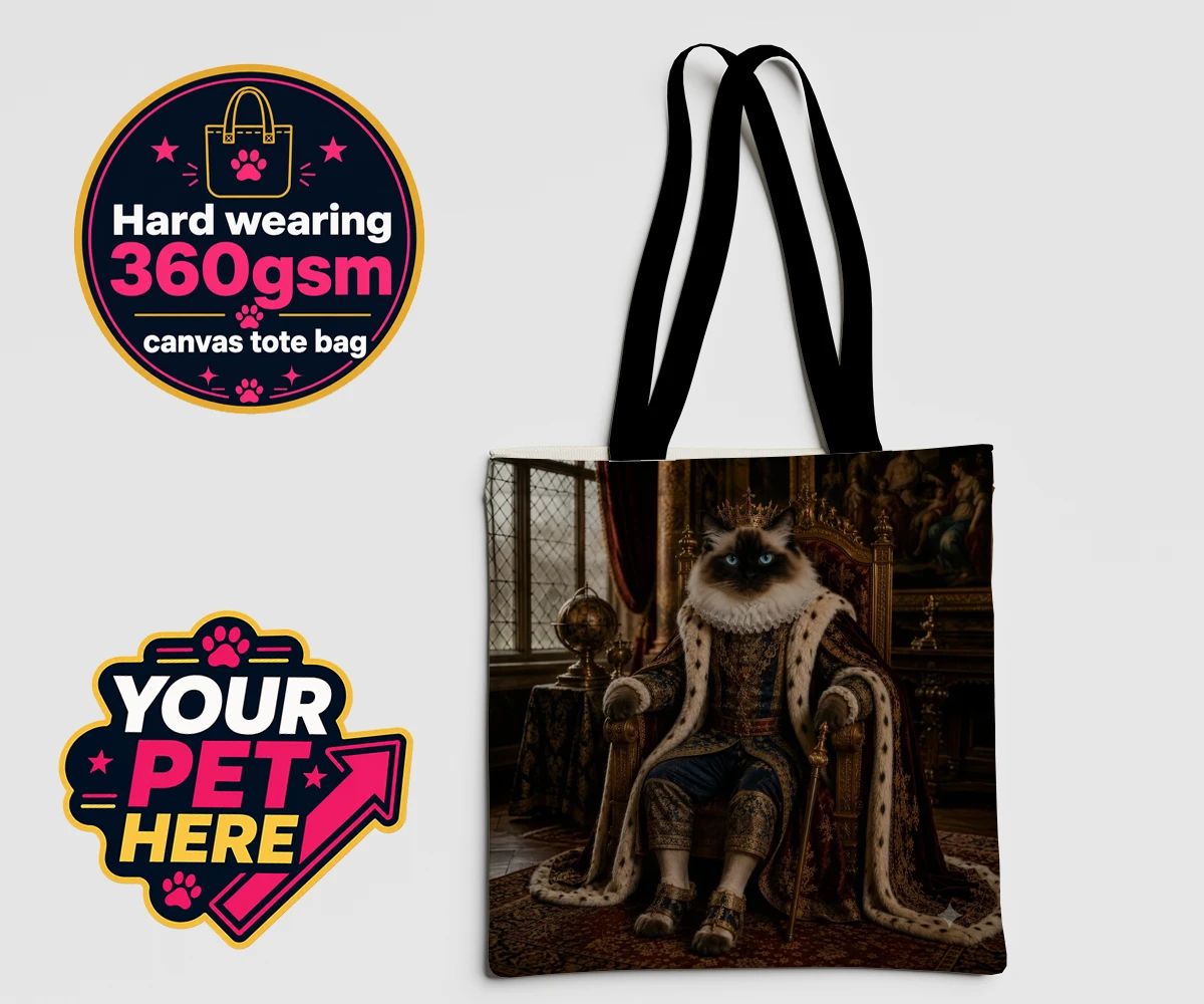 Personalised The Renaissance Paw King cat canvas tote bags featuring a whimsically regal depiction of your feline friend as a majestic mona
