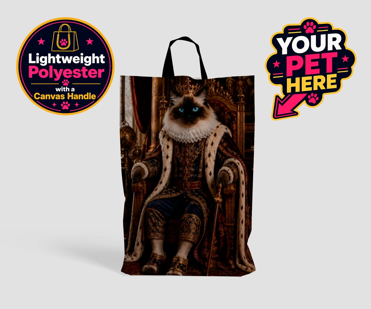 Personalised The Renaissance Paw King cat shopping bags featuring a whimsically regal depiction of your feline friend as a majestic mona