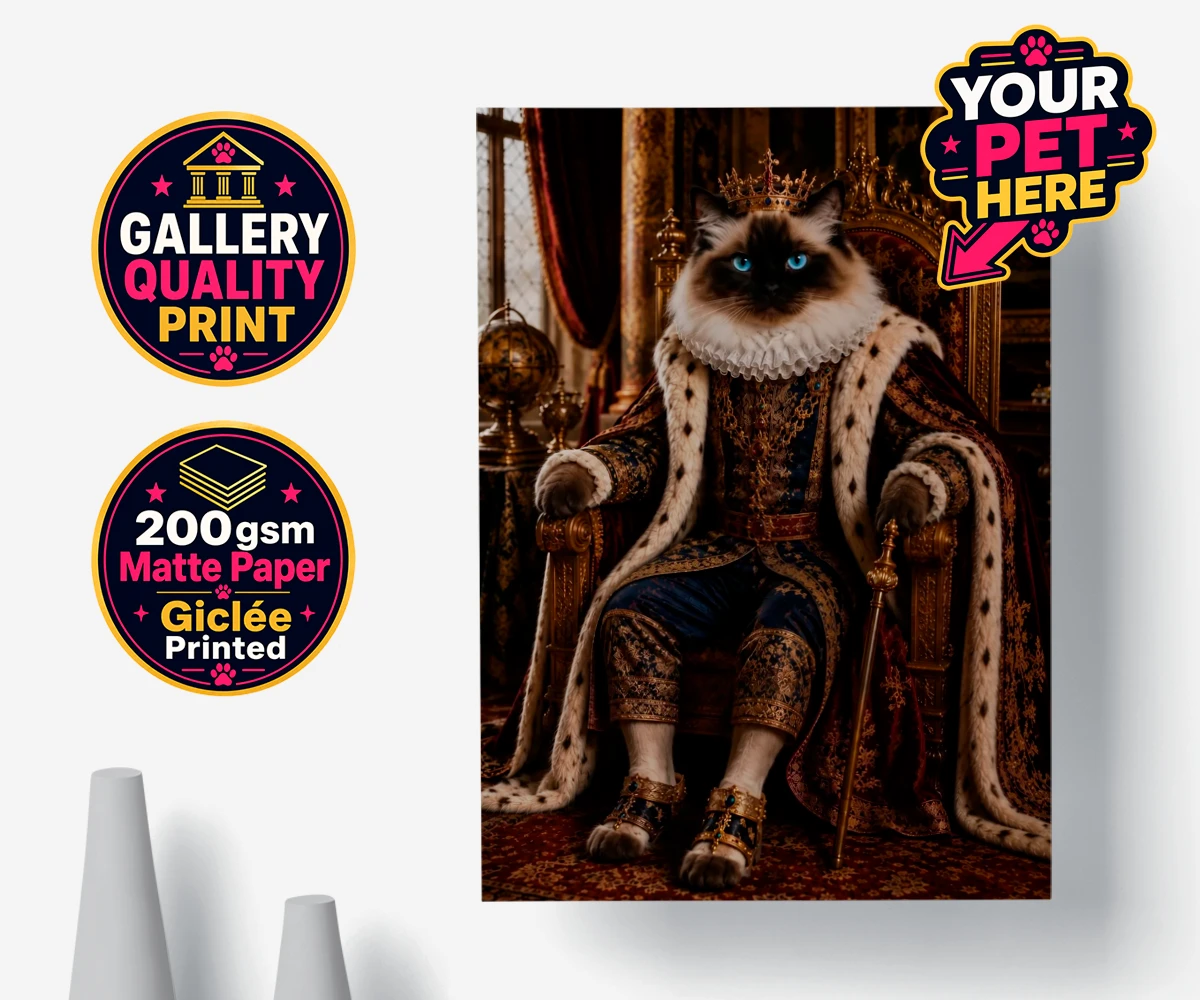 Personalised poster print of The Renaissance Paw King cat wearing a golden crown and fur-lined cloak
