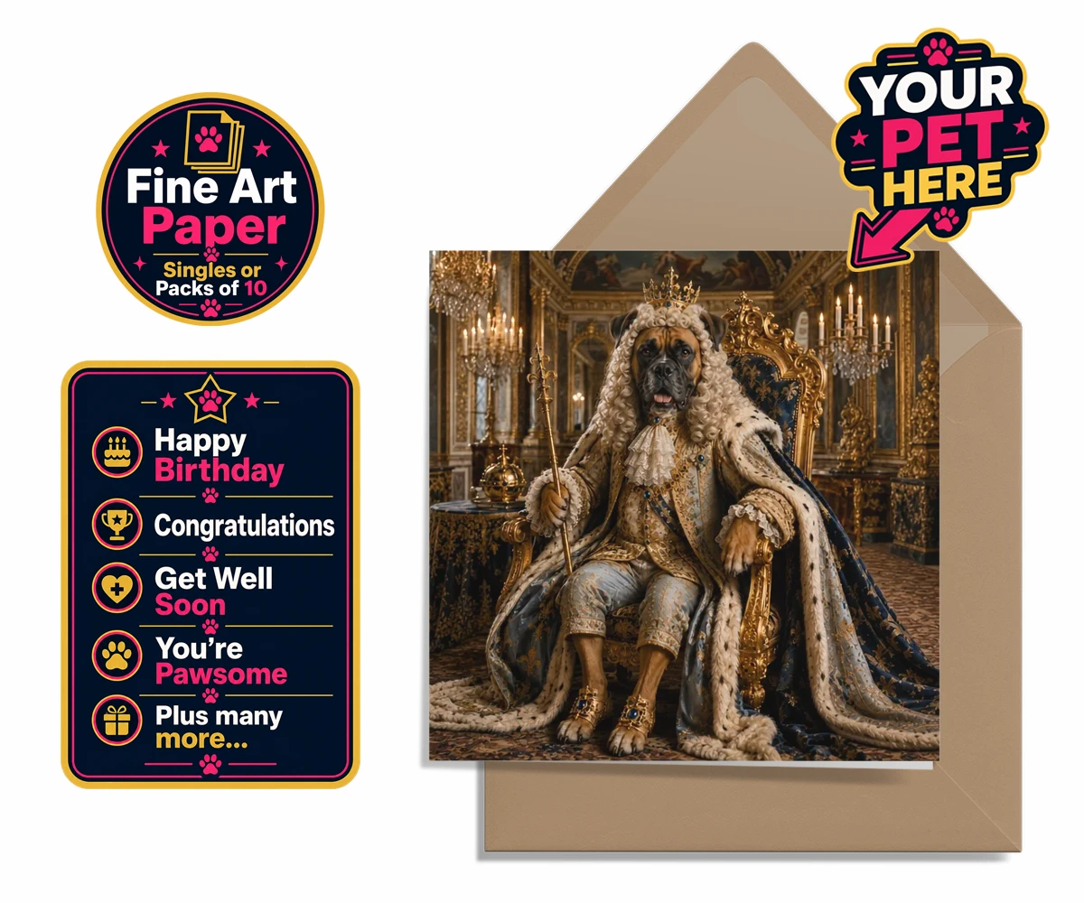 Personalised The Rococo Paw King dog premium greetings cards featuring step into a world of whimsy and charm with "The Rococo Paw King," a de