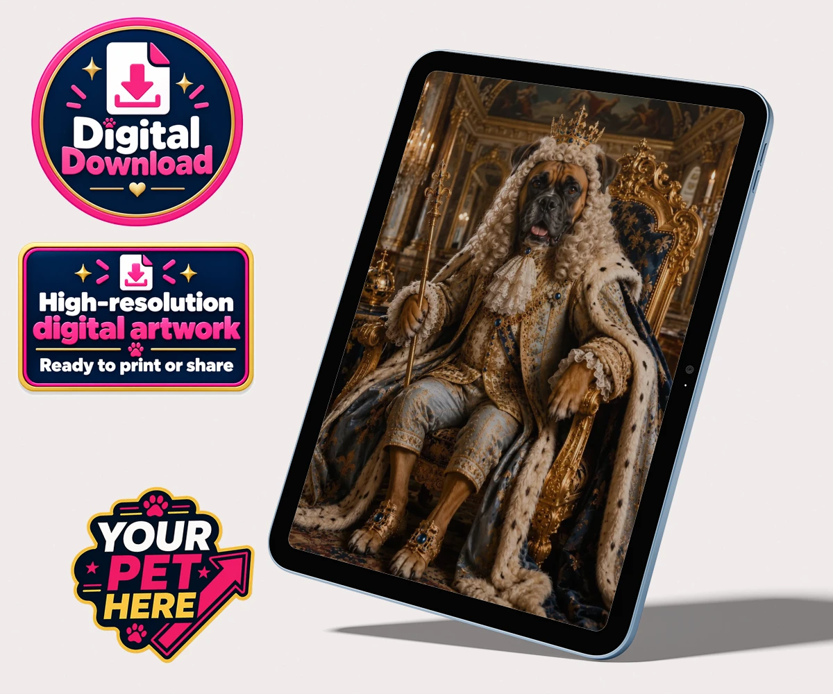 Personalised The Rococo Paw King dog personalised digital downloads featuring step into a world of whimsy and charm with "The Rococo Paw King," a de