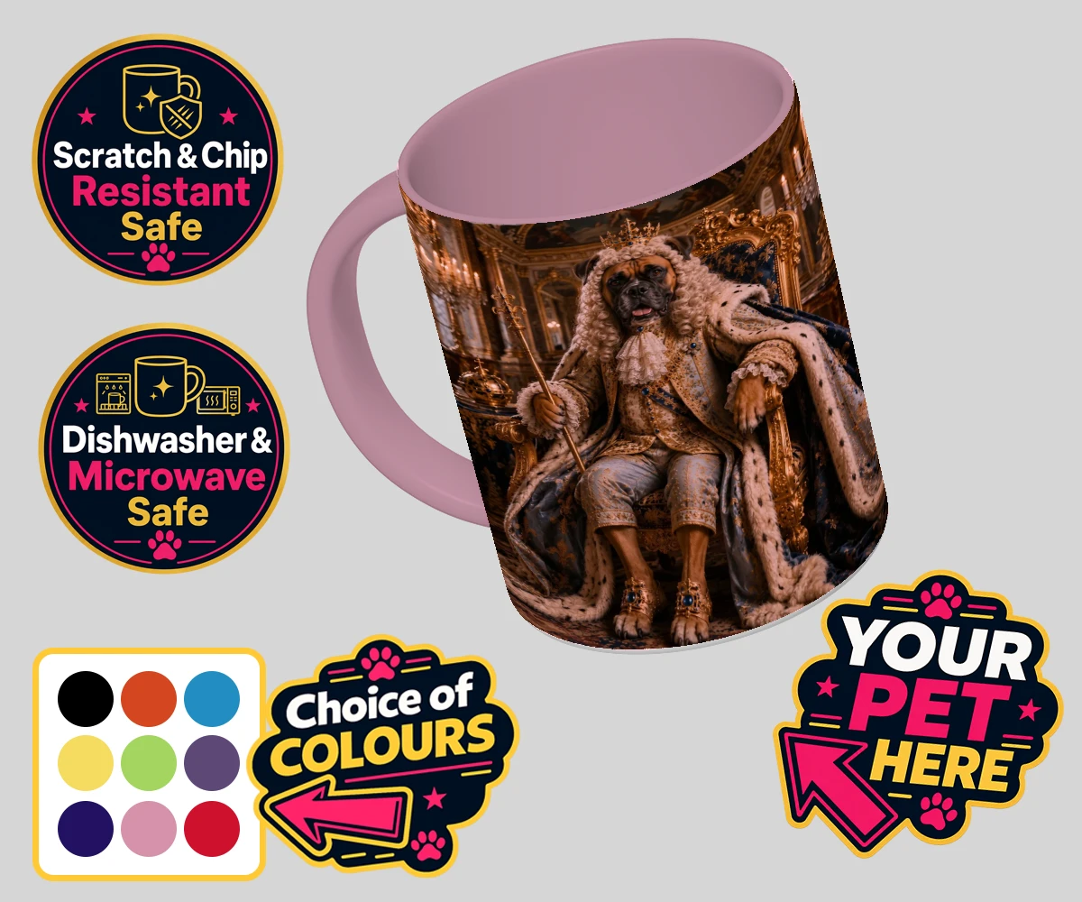 Personalised The Rococo Paw King dog coloured photo mugs featuring step into a world of whimsy and charm with "The Rococo Paw King," a de