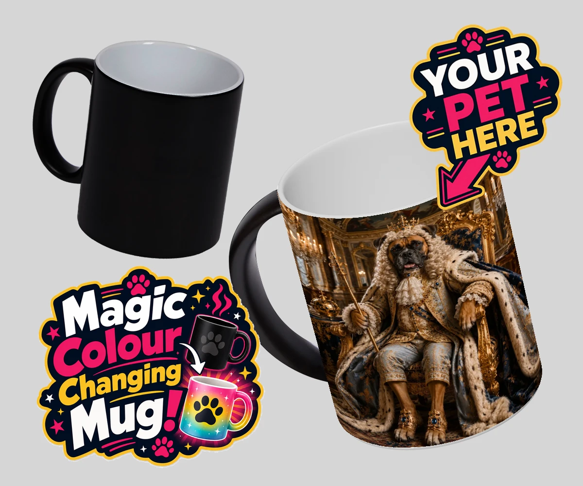 Personalised The Rococo Paw King dog magic photo mugs featuring step into a world of whimsy and charm with "The Rococo Paw King," a de