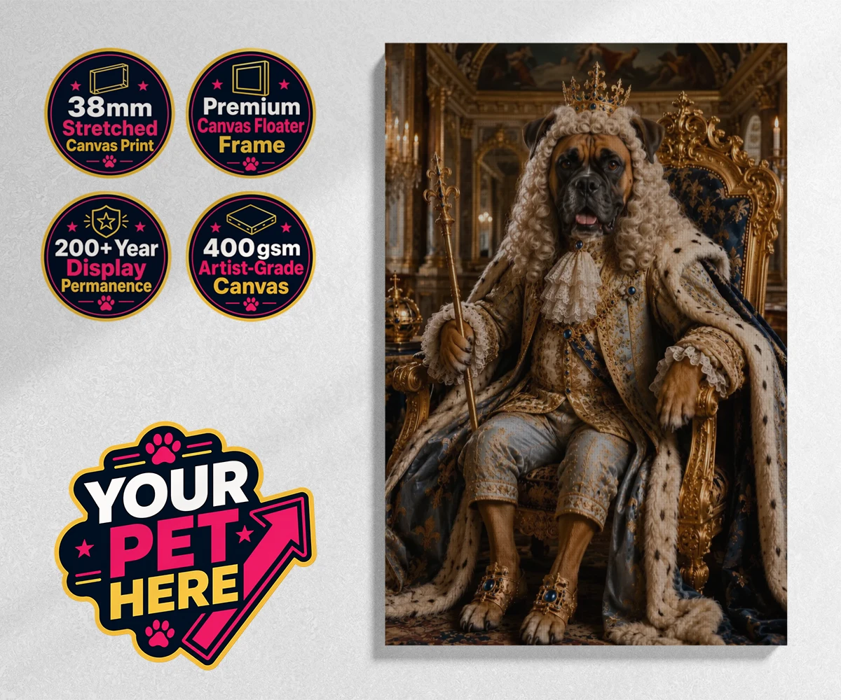 Personalised The Rococo Paw King dog stretched canvas print featuring step into a world of whimsy and charm with "The Rococo Paw King," a de