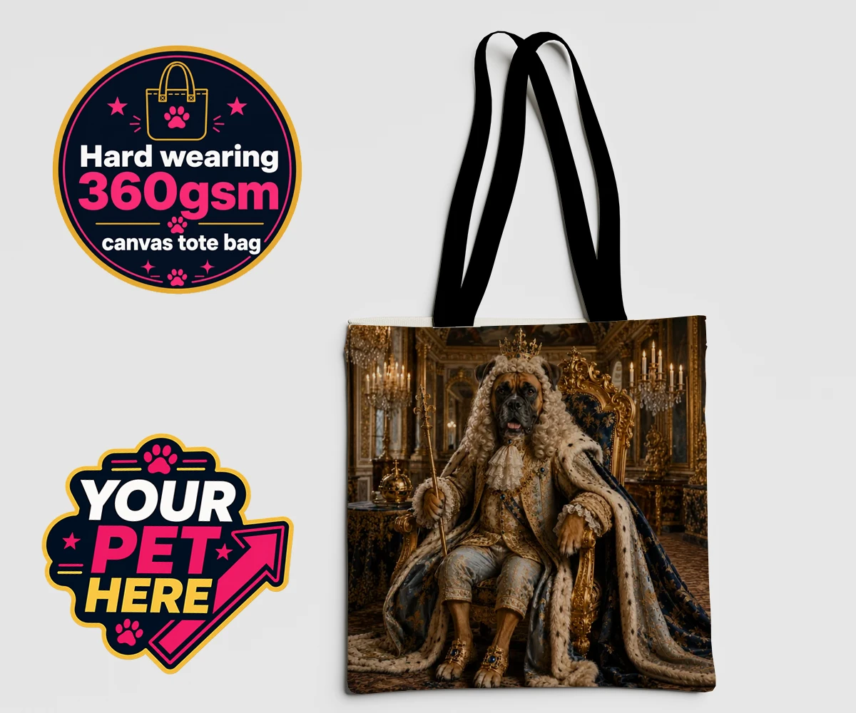 Personalised The Rococo Paw King dog canvas tote bags featuring step into a world of whimsy and charm with "The Rococo Paw King," a de