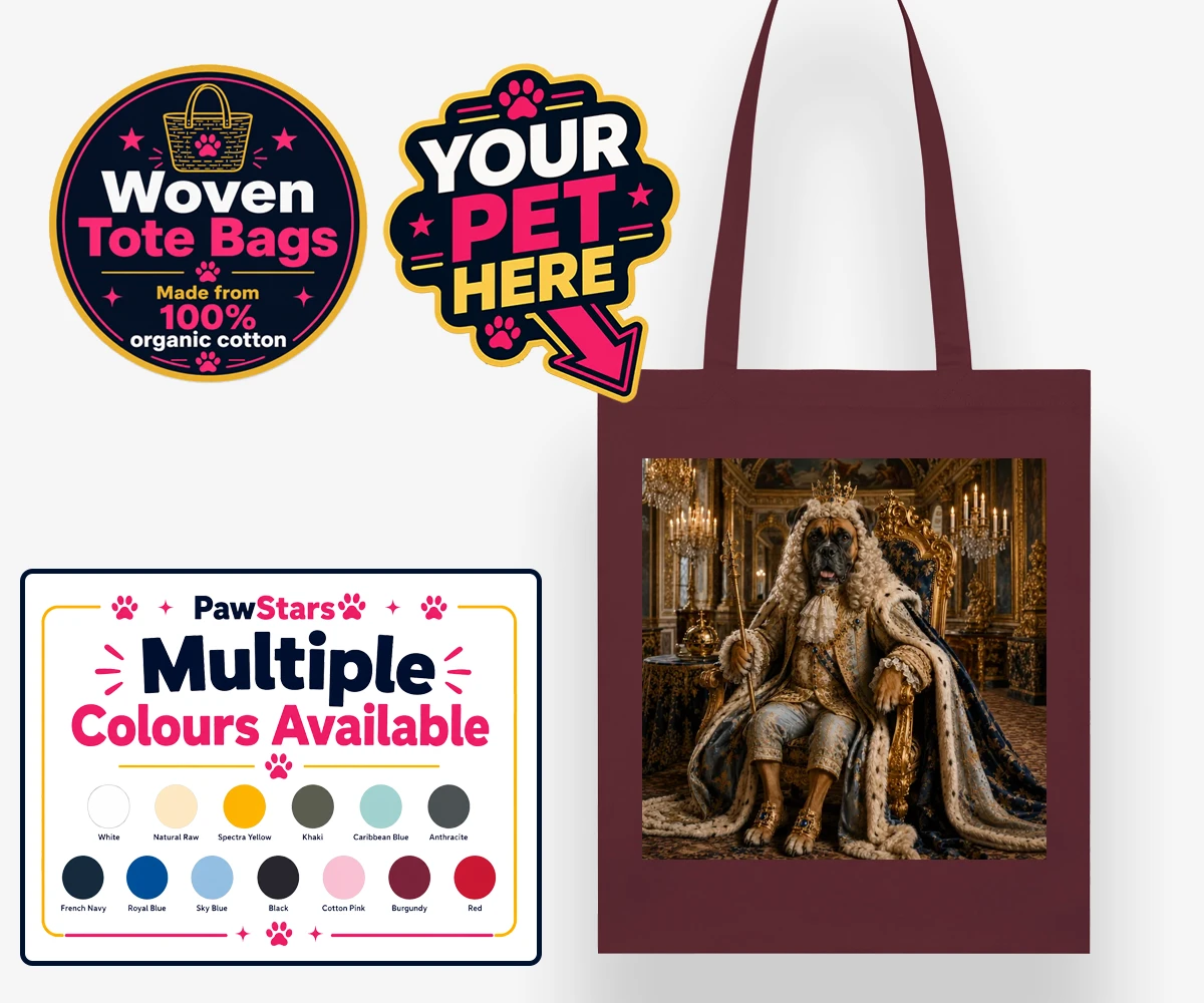 Personalised The Rococo Paw King dog woven tote bags featuring step into a world of whimsy and charm with "The Rococo Paw King," a de