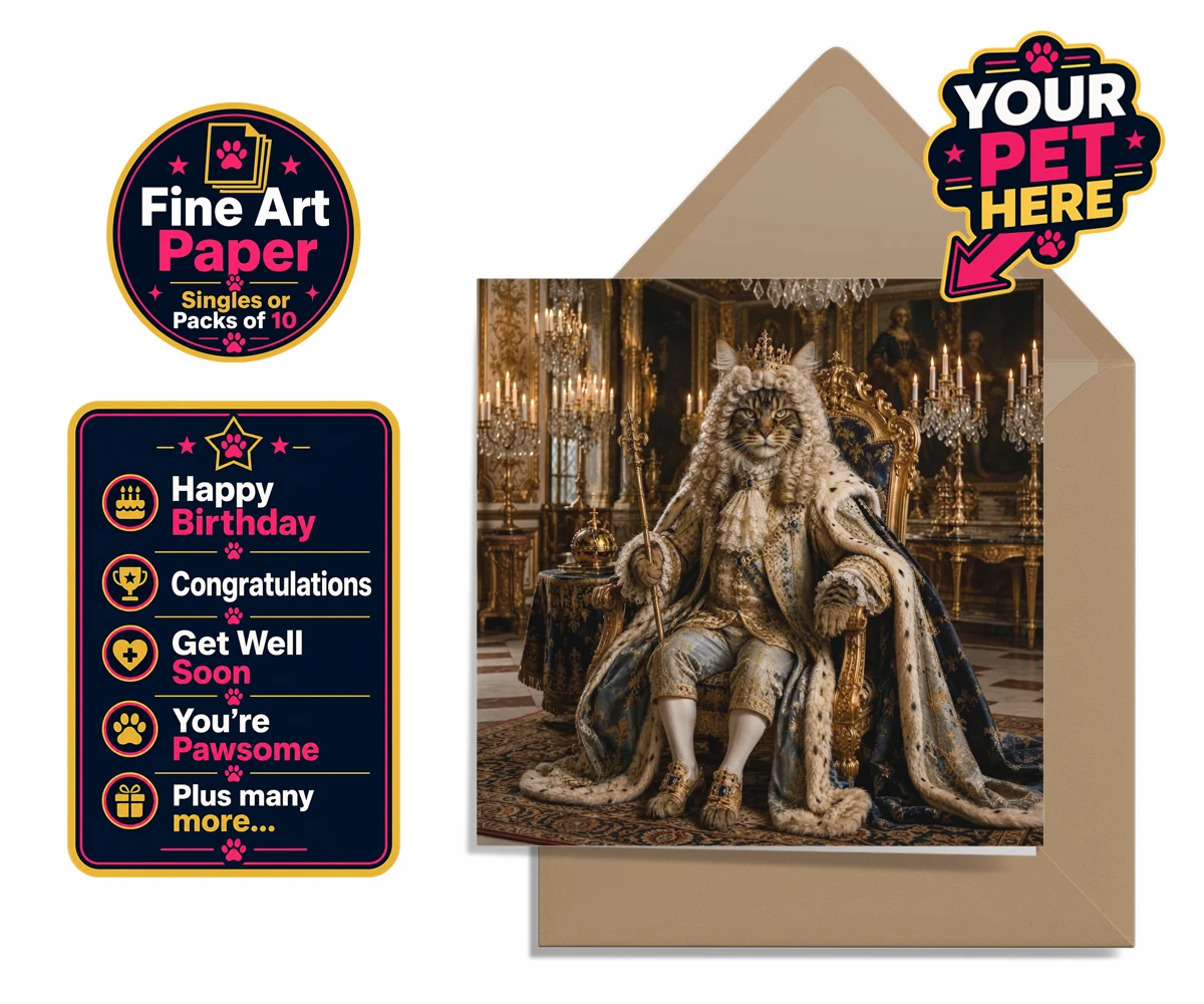 Personalised The Rococo Paw King cat premium greetings cards featuring step into a world of opulence with The Rococo Paw King, a magnificent