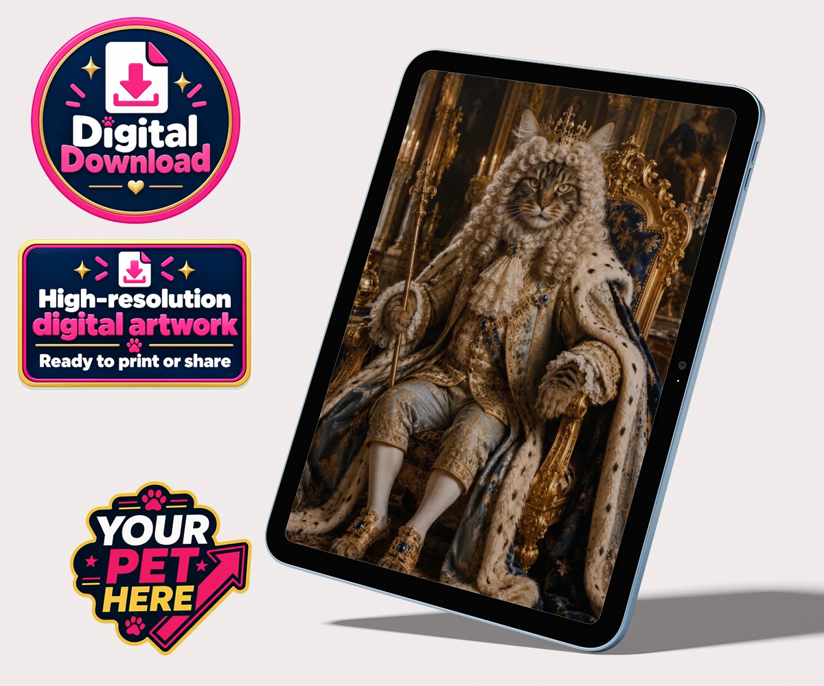 Personalised The Rococo Paw King cat personalised digital downloads featuring step into a world of opulence with The Rococo Paw King, a magnificent