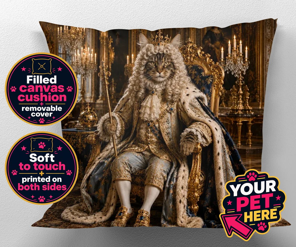 Personalised The Rococo Paw King cat canvas cushions featuring step into a world of opulence with The Rococo Paw King, a magnificent