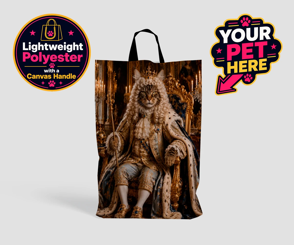 Personalised The Rococo Paw King cat shopping bags featuring step into a world of opulence with The Rococo Paw King, a magnificent