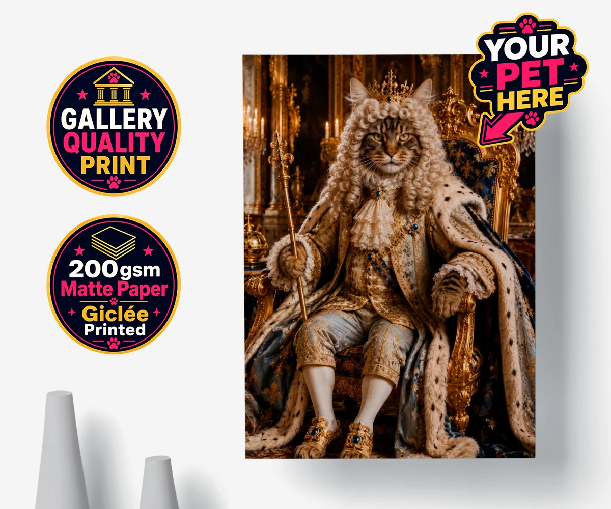 Personalised poster print of The Rococo Paw King cat in blue and gold costume on a lavish throne