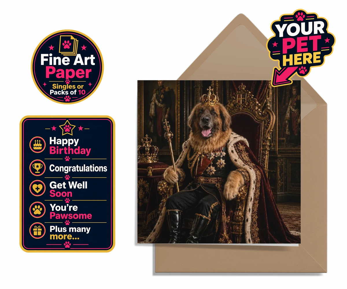 Personalised The Imperial Paw King dog premium greetings cards featuring transport yourself to a grand, historical era with The Imperial Paw Ki
