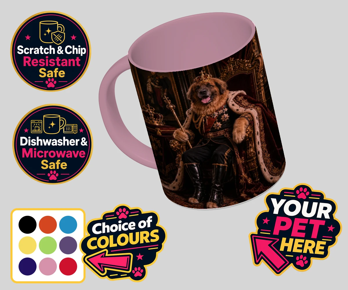 Personalised The Imperial Paw King dog coloured photo mugs featuring transport yourself to a grand, historical era with The Imperial Paw Ki