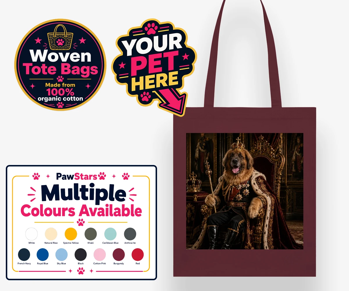 Personalised The Imperial Paw King dog woven tote bags featuring transport yourself to a grand, historical era with The Imperial Paw Ki