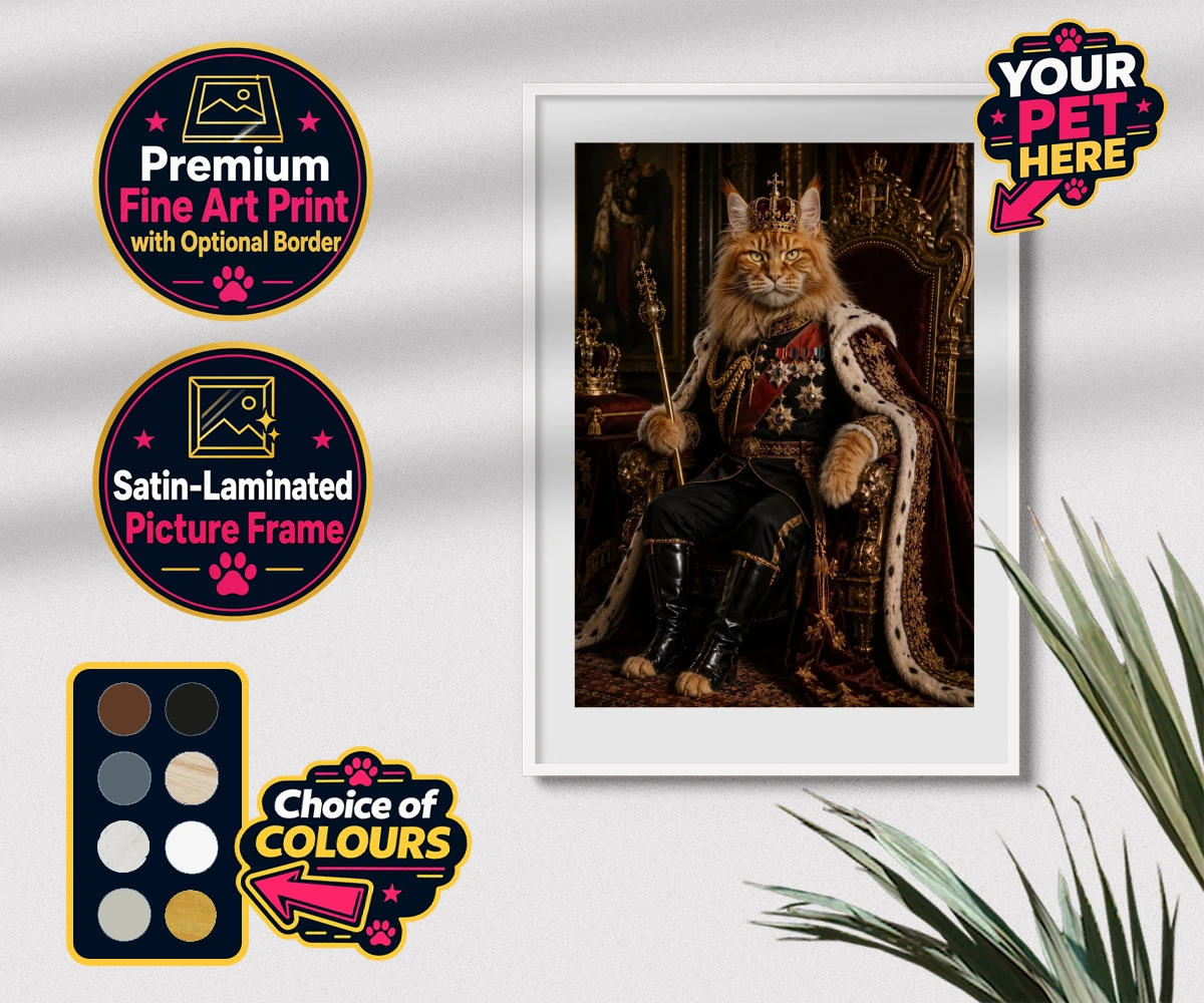 Personalised The Imperial Paw King cat premium framed print featuring a whimsical pet portrait that transforms your feline friend into a reg