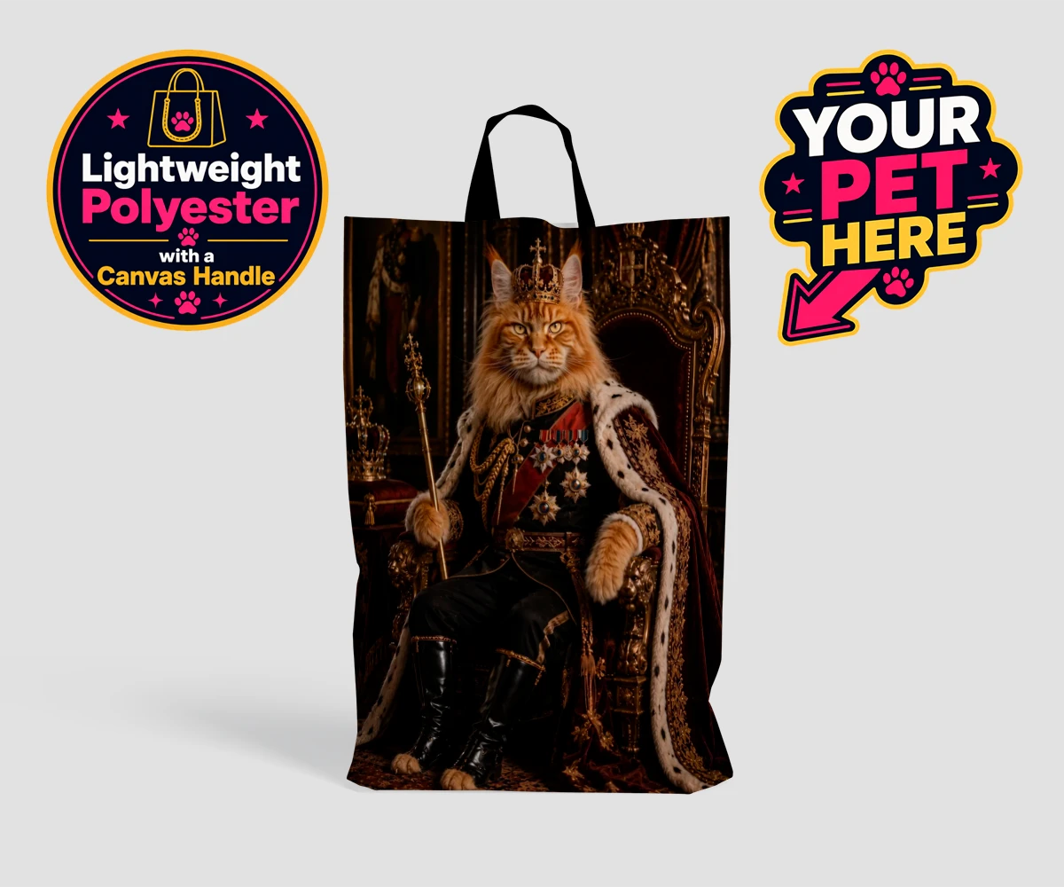 Personalised The Imperial Paw King cat shopping bags featuring a whimsical pet portrait that transforms your feline friend into a reg