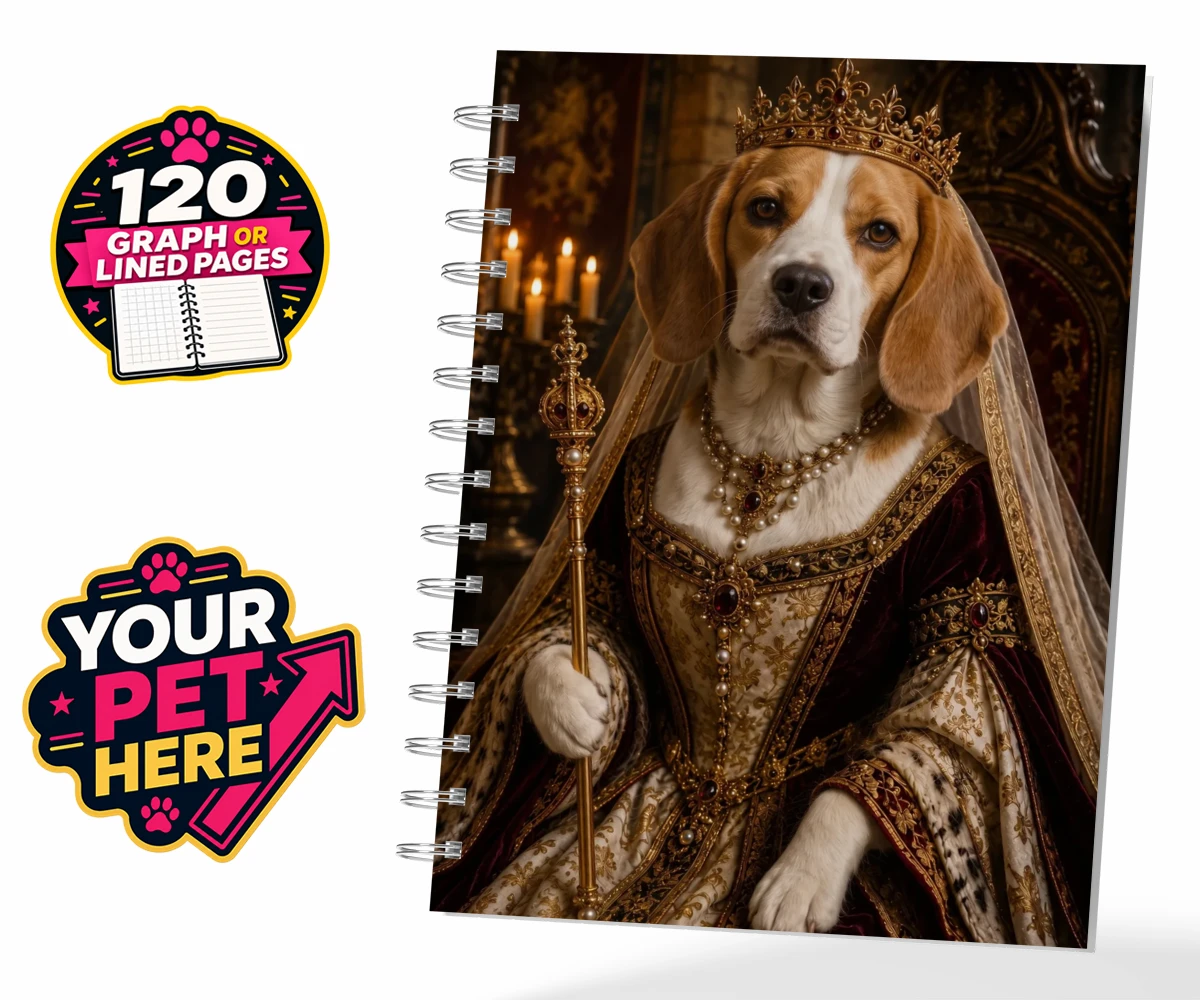 Personalised The Medieval Paw Queen dog spiral notebook featuring step into a whimsical world with our Medieval Paw Queen portrait, wher