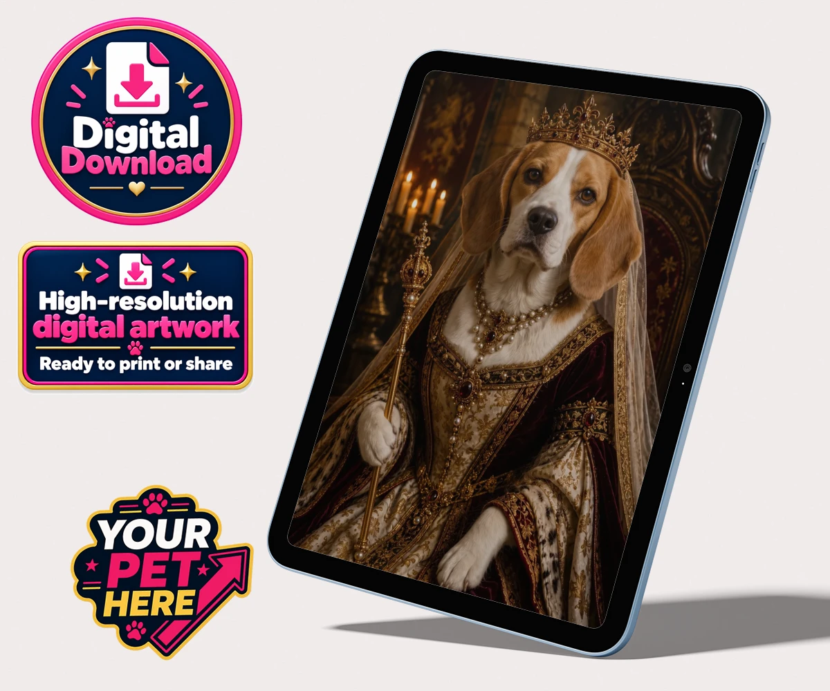 Personalised The Medieval Paw Queen dog personalised digital downloads featuring step into a whimsical world with our Medieval Paw Queen portrait, wher