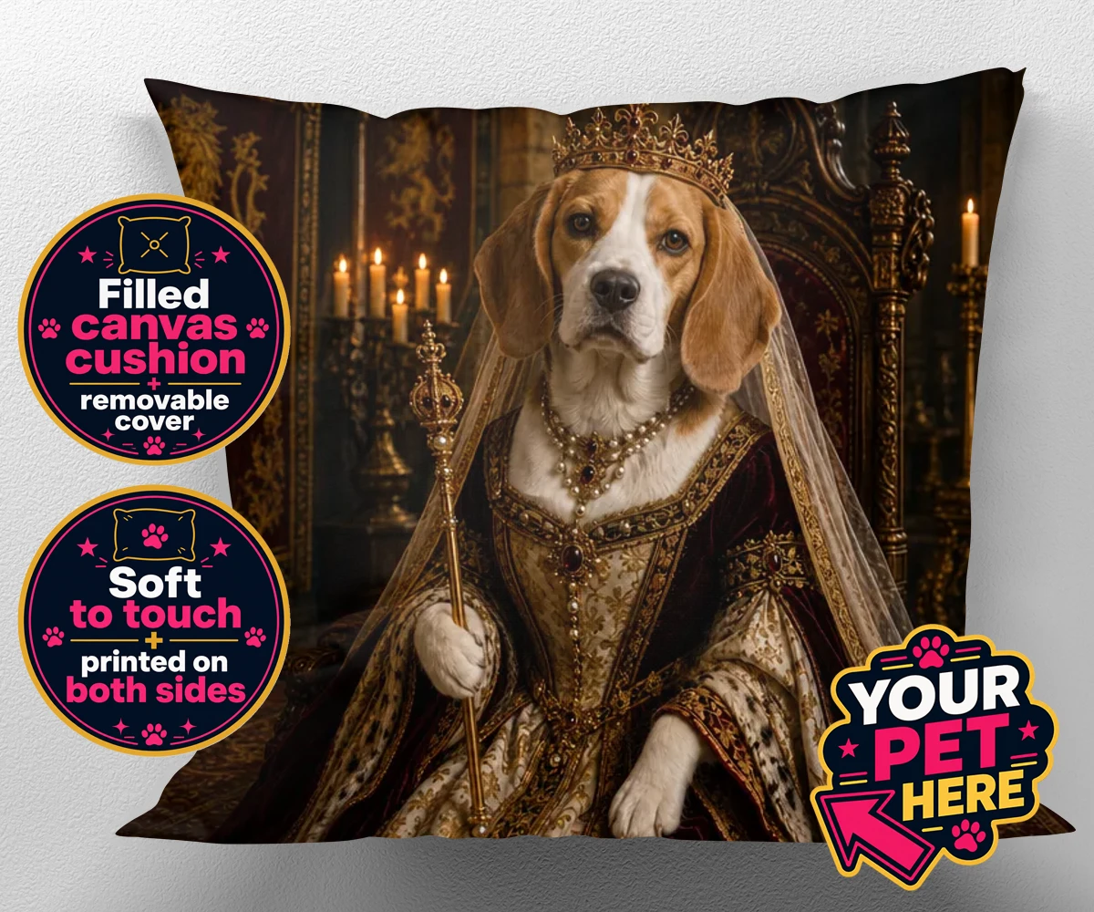 Personalised The Medieval Paw Queen dog canvas cushions featuring step into a whimsical world with our Medieval Paw Queen portrait, wher