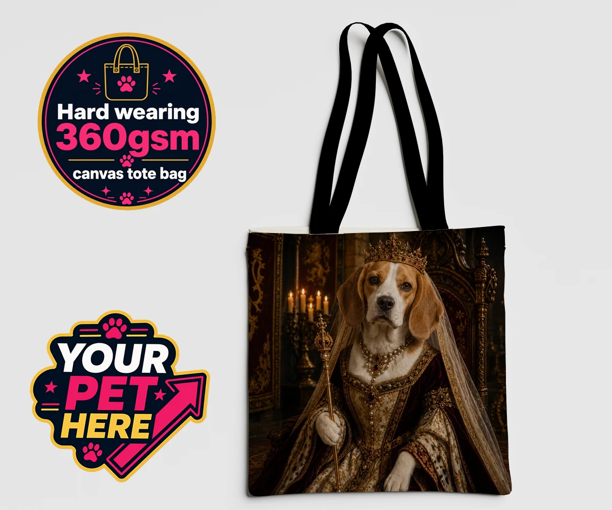 Personalised The Medieval Paw Queen dog canvas tote bags featuring step into a whimsical world with our Medieval Paw Queen portrait, wher