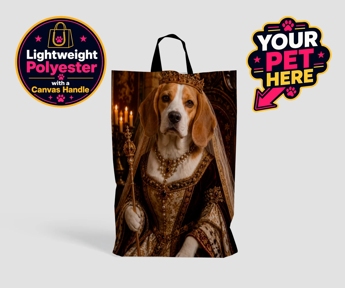 Personalised The Medieval Paw Queen dog shopping bags featuring step into a whimsical world with our Medieval Paw Queen portrait, wher