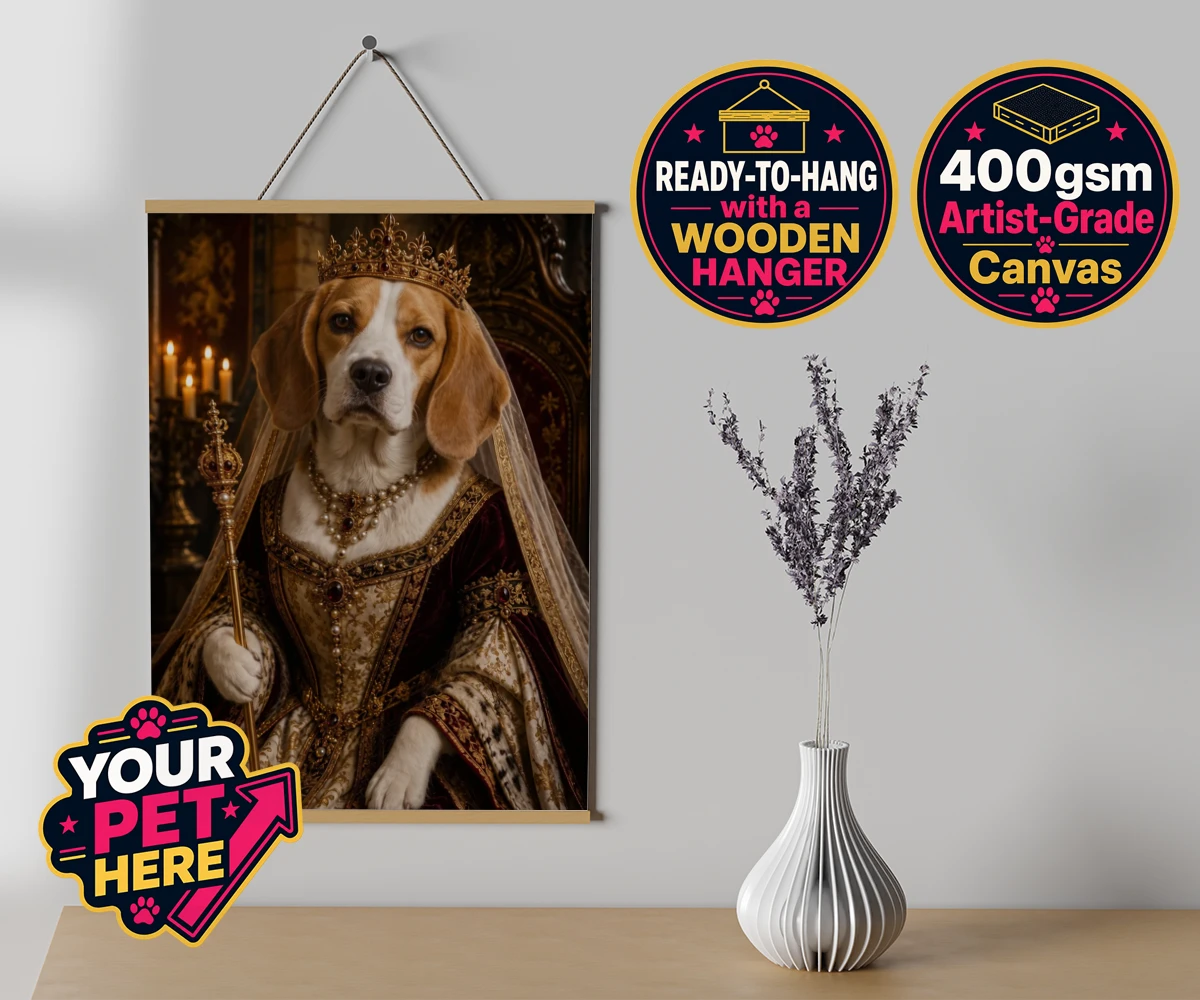 Personalised The Medieval Paw Queen dog canvas poster prints with hanger featuring step into a whimsical world with our Medieval Paw Queen portrait, wher