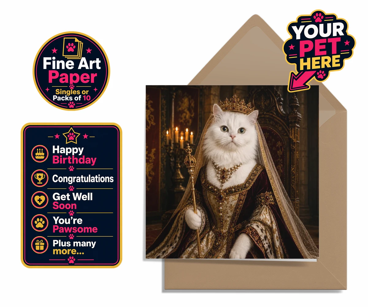 Personalised The Medieval Paw Queen cat premium greetings cards featuring step back in time with our delightful Medieval Paw Queen, a stunning p