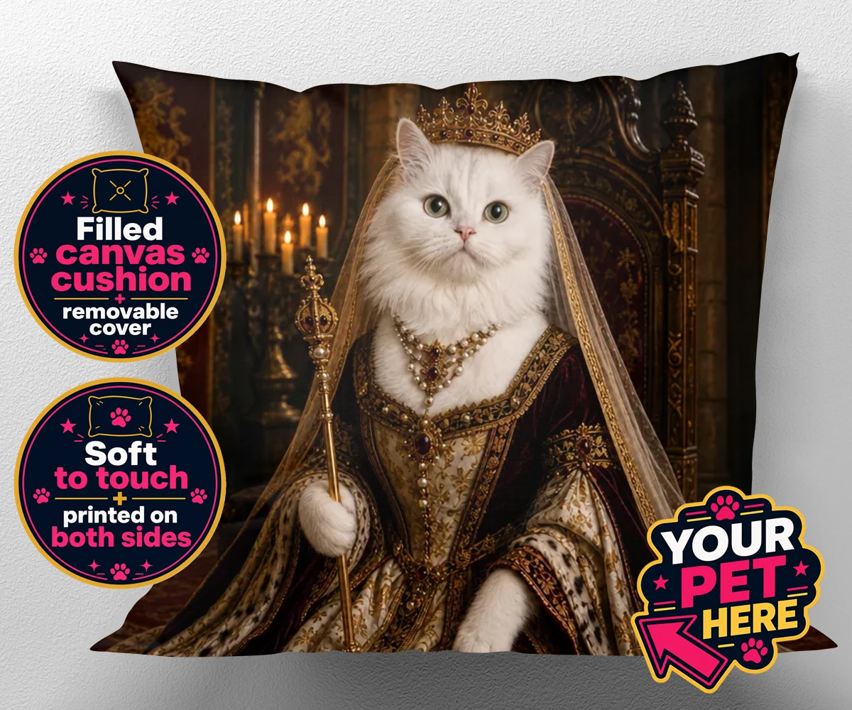 Personalised The Medieval Paw Queen cat canvas cushions featuring step back in time with our delightful Medieval Paw Queen, a stunning p