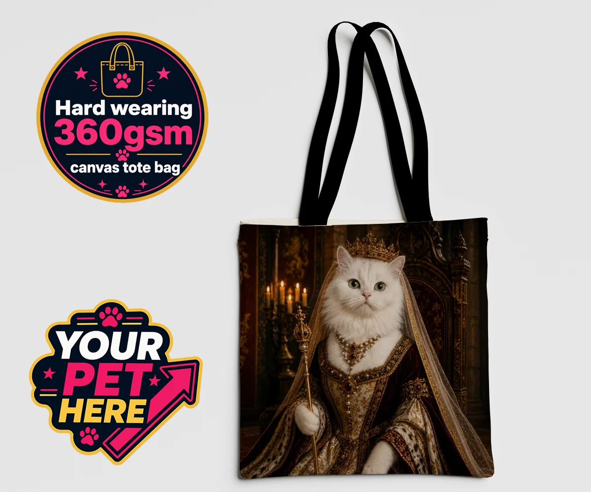 Personalised The Medieval Paw Queen cat canvas tote bags featuring step back in time with our delightful Medieval Paw Queen, a stunning p