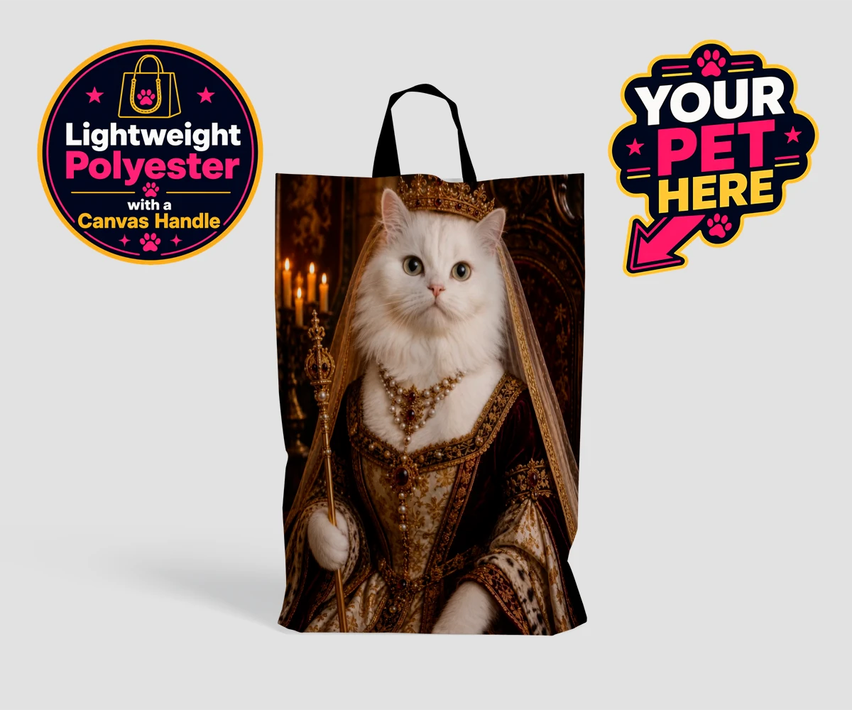 Personalised The Medieval Paw Queen cat shopping bags featuring step back in time with our delightful Medieval Paw Queen, a stunning p