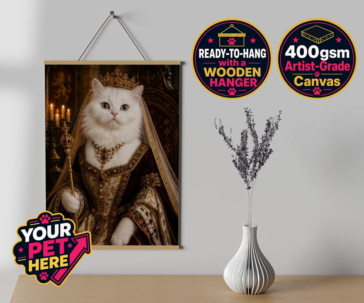 Personalised The Medieval Paw Queen cat canvas poster prints with hanger featuring step back in time with our delightful Medieval Paw Queen, a stunning p