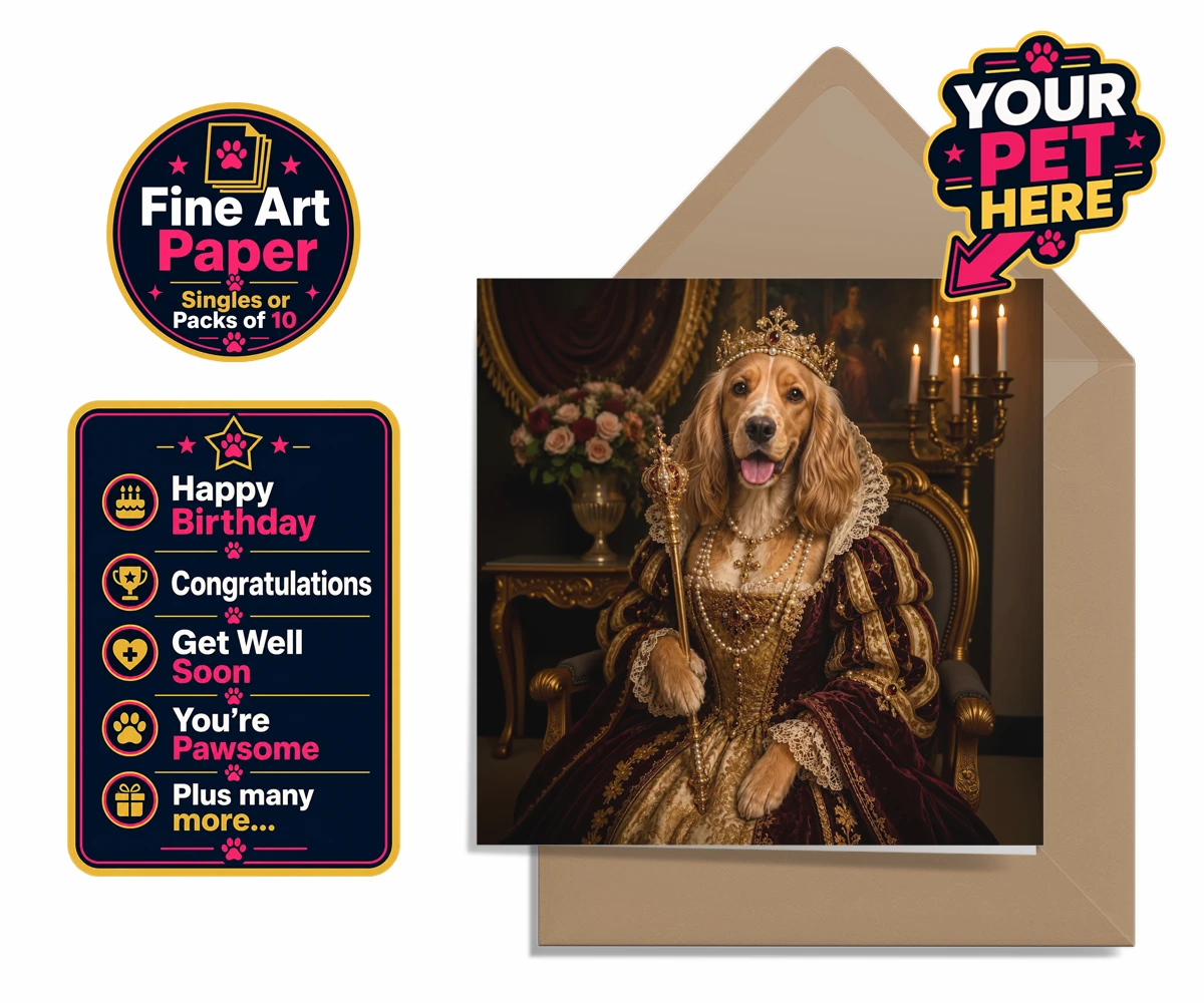 Personalised The Renaissance Paw Queen dog premium greetings cards featuring step into a world of elegance and charm with The Renaissance Paw Queen